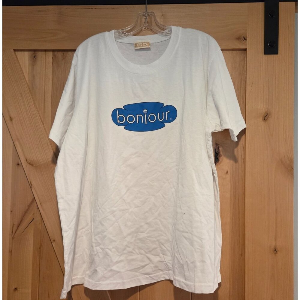 Vintage Womens Size 1X Bonjour Short Sleeve T Shirt White Blue Le Geode??